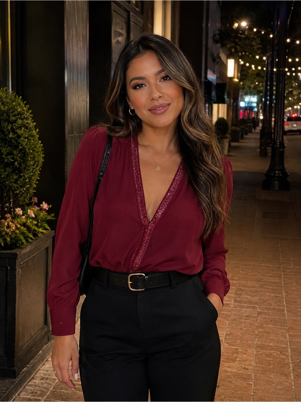 Honey Punch Burgundy V‑Neck Blouse w/ Trim Detail | Size M
